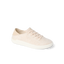 Cream lace up sneaker facing right in side view with a textured upper and cushioned sole