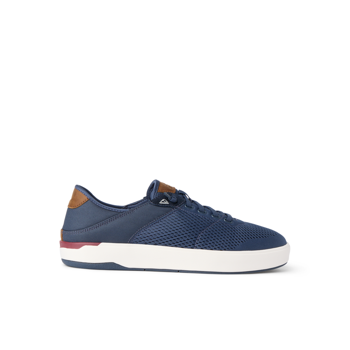 Laguna shoe facing right, breathable navy mesh upper, white sole, brown heel accent, lightweight and comfortable design.