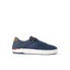 Laguna shoe facing right, breathable navy mesh upper, white sole, brown heel accent, lightweight and comfortable design.