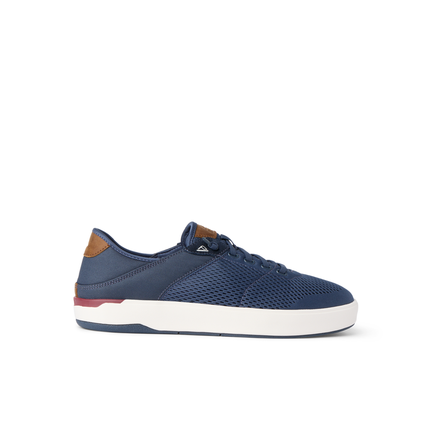 Laguna shoe facing right, breathable navy mesh upper, white sole, brown heel accent, lightweight and comfortable design.