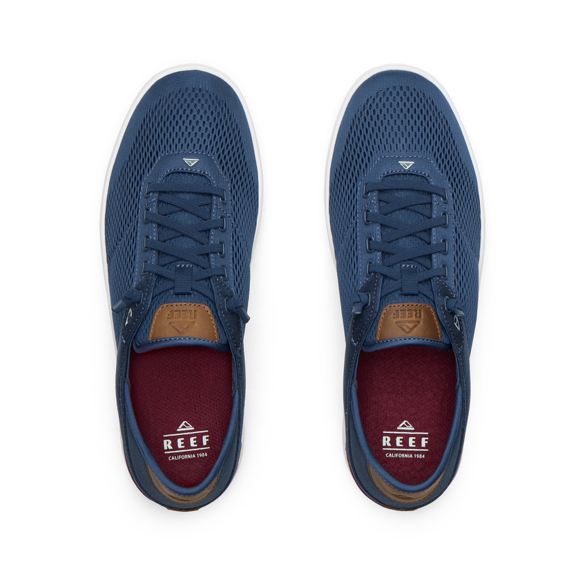 Top view of Laguna blue breathable sneakers with anatomical arch support, designed for comfort and beach lifestyles.