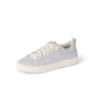 Light gray sneaker in side view facing left with cream laces and a cushioned sole