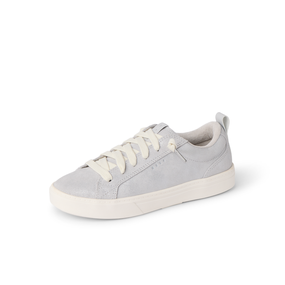 Light gray sneaker in side view facing left with cream laces and a cushioned sole