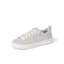 Light gray sneaker in side view facing left with cream laces and a cushioned sole