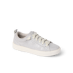 White low top sneaker facing right, shown from the side with cream laces and a thick rubber sole