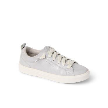 White low top sneaker facing right, shown from the side with cream laces and a thick rubber sole