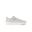 White low-top sneaker facing right, shown in side view with a lace-up upper and thick rubber sole