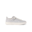 White low-top sneaker facing right, shown in side view with a lace-up upper and thick rubber sole