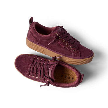 Lay Day Dawn sneakers in burgundy suede, top and right side view, arch support style, men's & women's shoes collection.