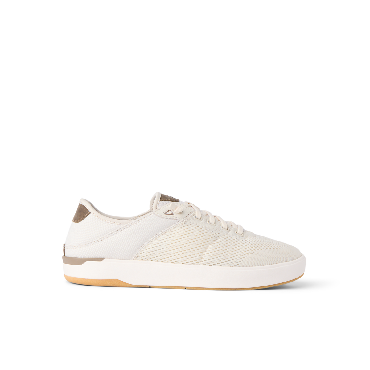 Side view of a lightweight, beige REEF sneaker facing right with breathable mesh and cushioned sole.