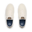Top view of pair of cream-colored REEF sneakers facing upward with mesh uppers and blue cushioned insoles.