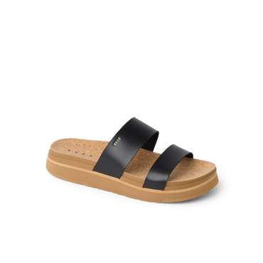 Vista Hi 2 sandal facing right with black vegan straps, cushioned cork footbed, and lightweight tan platform sole for comfort