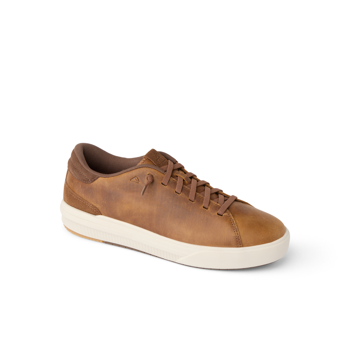 Del Mar Commuter brown leather sneaker facing right with cushioned sole and arch support