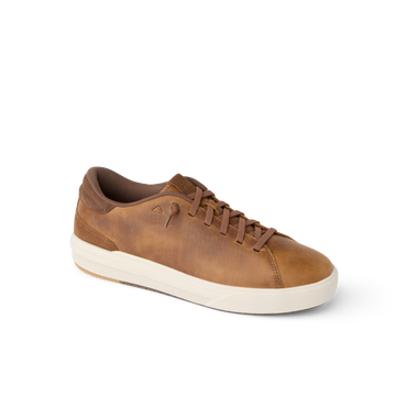 Del Mar Commuter brown leather sneaker facing right with cushioned sole and arch support