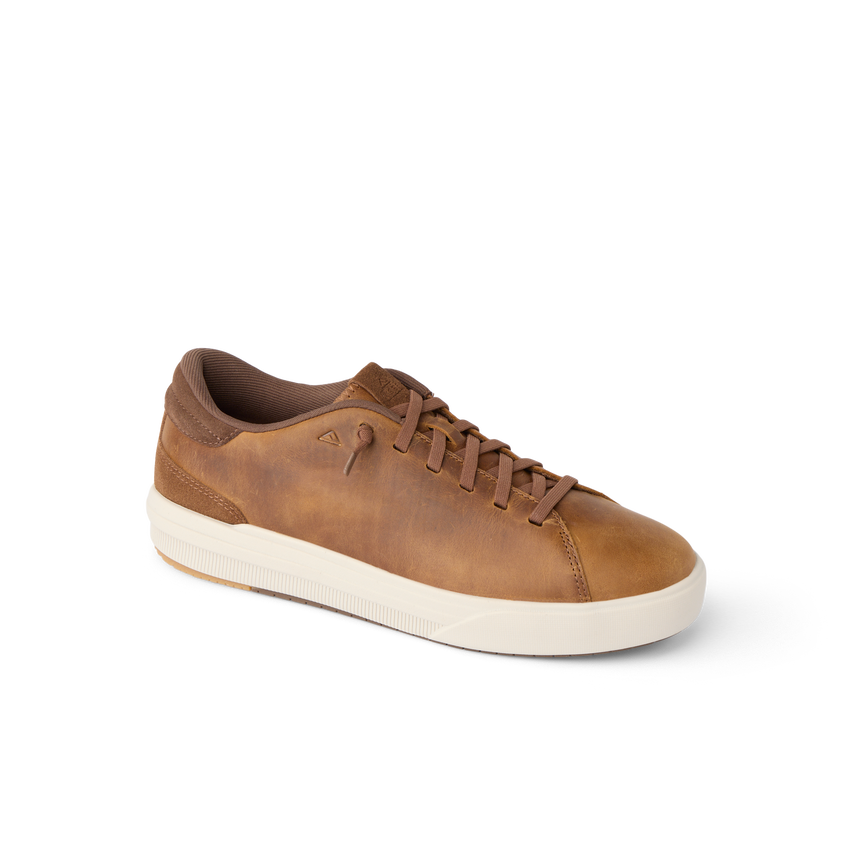 Del Mar Commuter brown leather sneaker facing right with cushioned sole and arch support