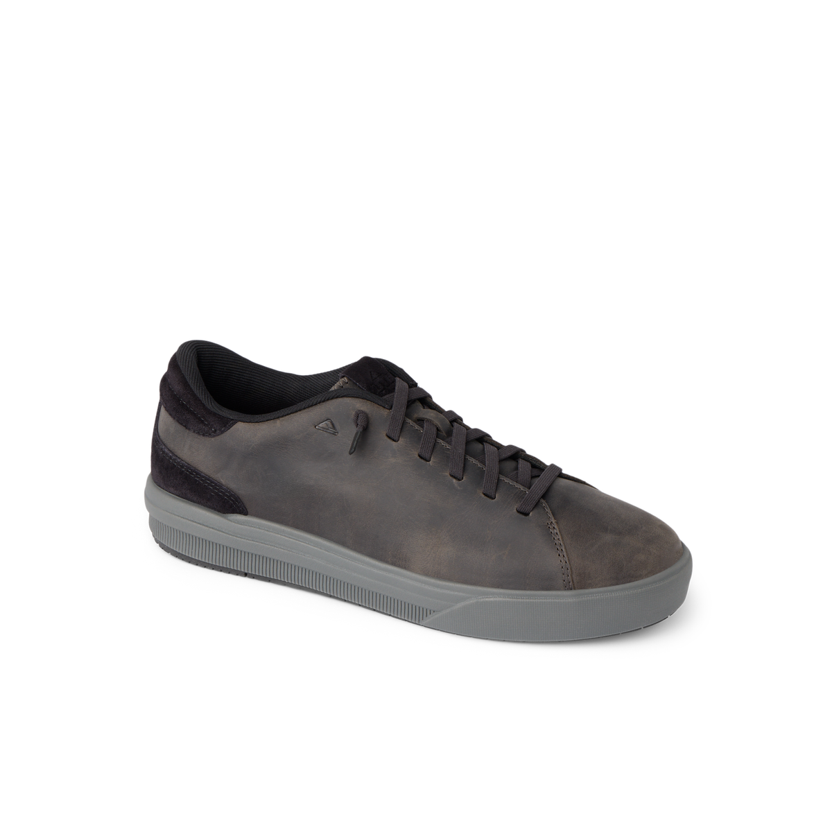 Del Mar Commuter gray leather sneaker facing right with cushioned sole and supportive footbed
