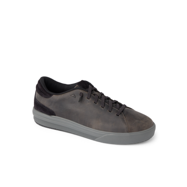 Del Mar Commuter gray leather sneaker facing right with cushioned sole and supportive footbed