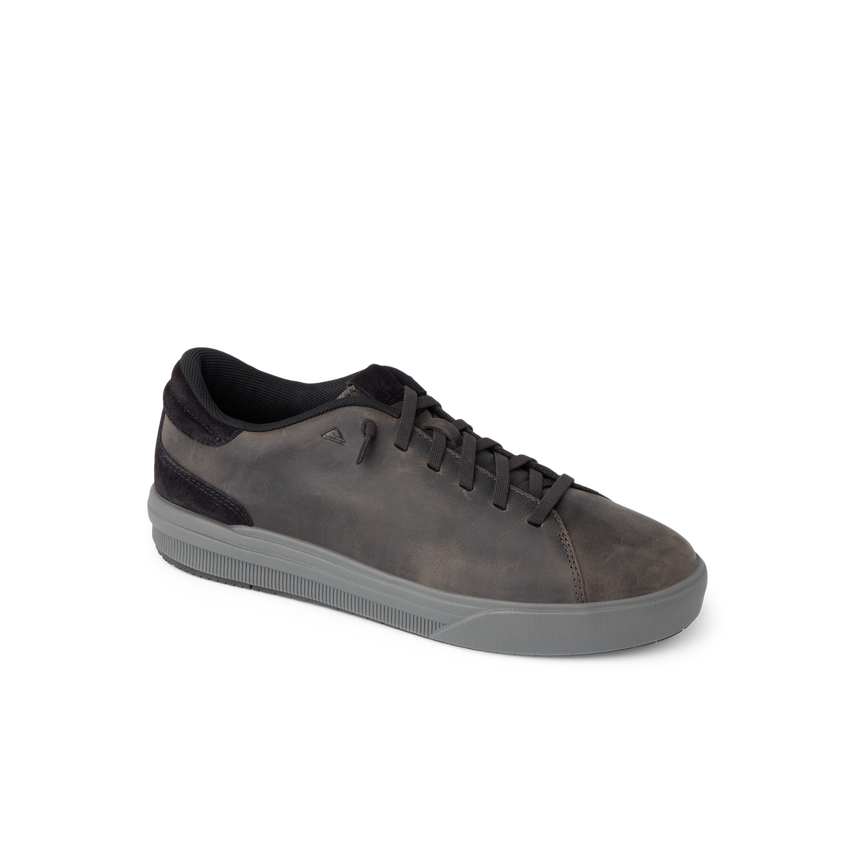 Del Mar Commuter gray leather sneaker facing right with cushioned sole and supportive footbed