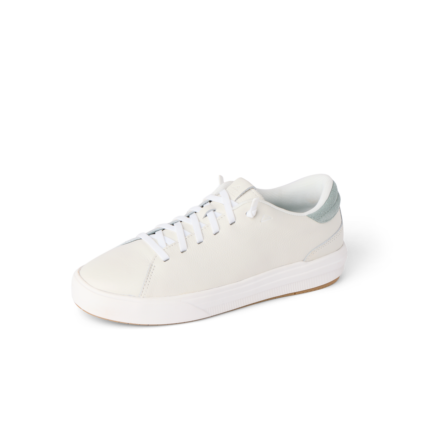 Del Mar Commuter white leather sneaker facing left with cushioned comfort