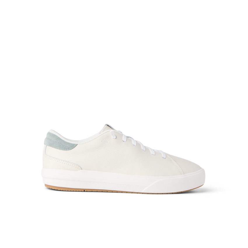 Del Mar Commuter white leather sneaker facing right in side view with cushioned comfort