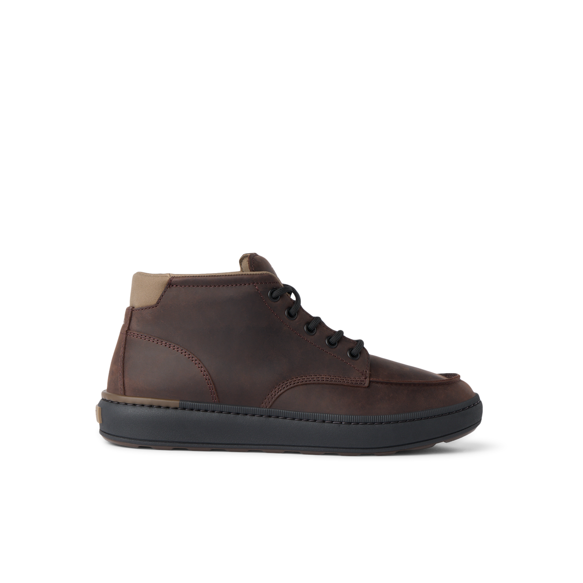 Del Mar Reserve brown leather boot facing right in side view with cushioned sole and arch support
