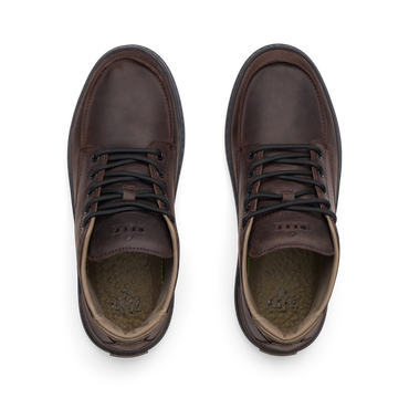Del Mar Reserve brown leather boots viewed from above with toes facing upward and cushioned footbeds