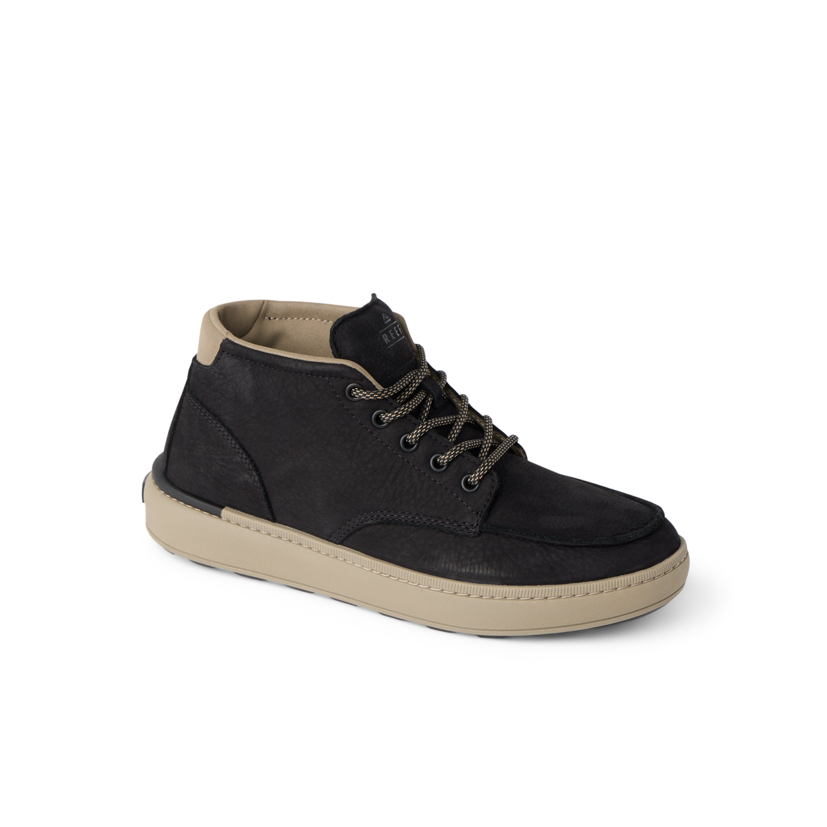 Del Mar Reserve black leather boot facing right with a cushioned sole and supportive footbed