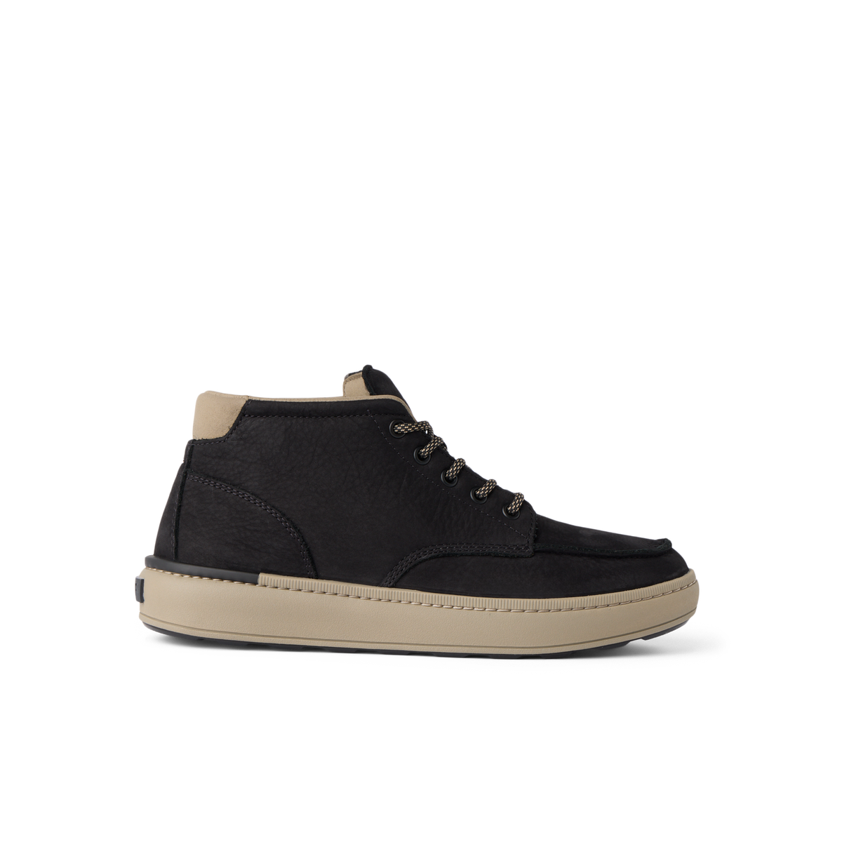 Del Mar Reserve black leather boot facing right in side profile with water resistant leather and cushioned sole