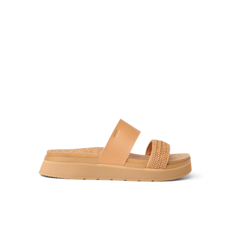 Side view of right-facing natural tan slide with smooth and braided straps on cushioned platform sole for all-day comfort