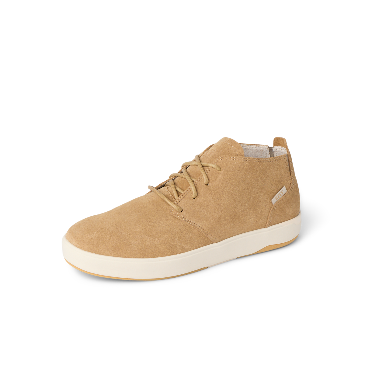 Del Mar Desert tan leather and suede shoe facing left with cushioned sole and arch support