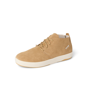 Del Mar Desert tan leather and suede shoe facing left with cushioned sole and arch support