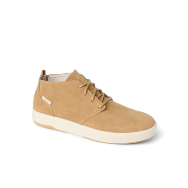 Del Mar Desert tan leather and suede shoe facing right with cushioned sole and easy entry heel