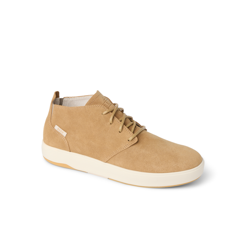 Del Mar Desert tan leather and suede shoe facing right with cushioned sole and easy entry heel