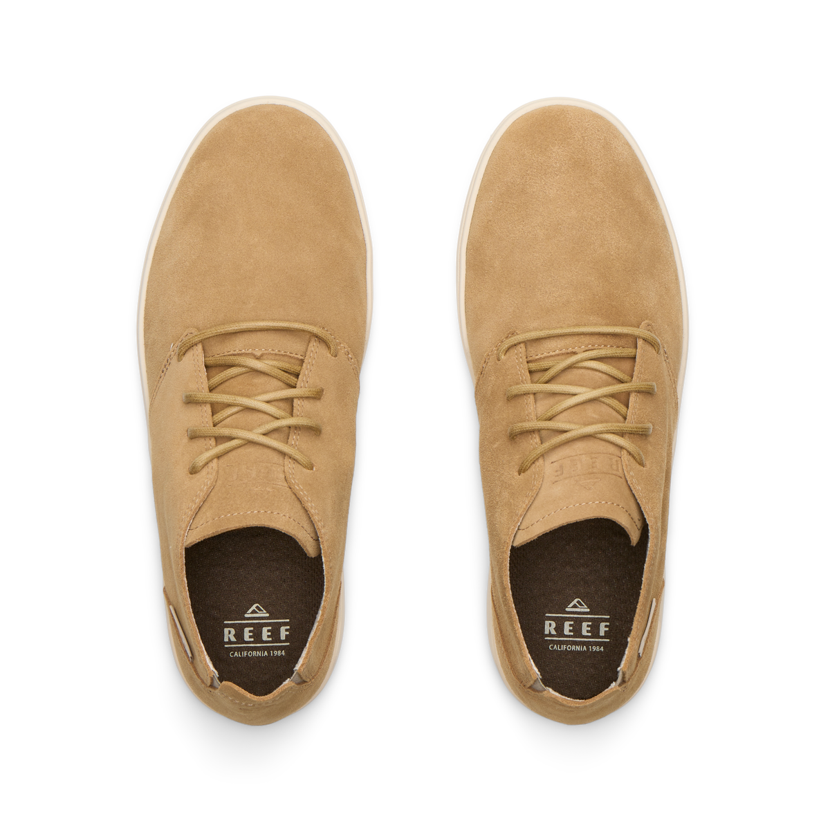 Del Mar Desert tan leather and suede lace up shoes facing upward with cushioned comfort and arch support