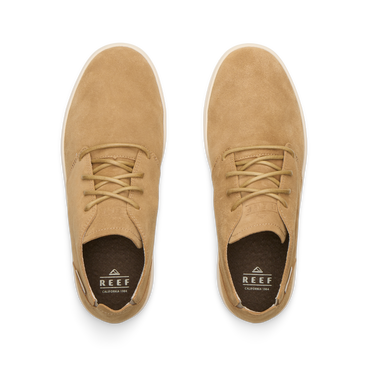 Del Mar Desert tan leather and suede lace up shoes facing upward with cushioned comfort and arch support