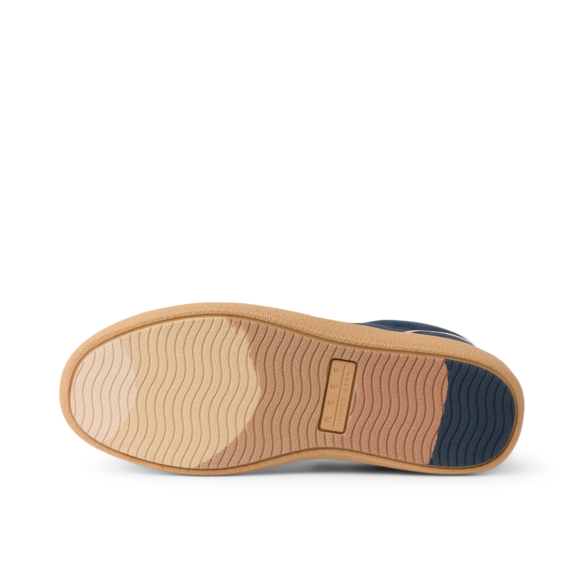 REEF Kickback sneaker outsole close up facing left with wave tread and cushioned support