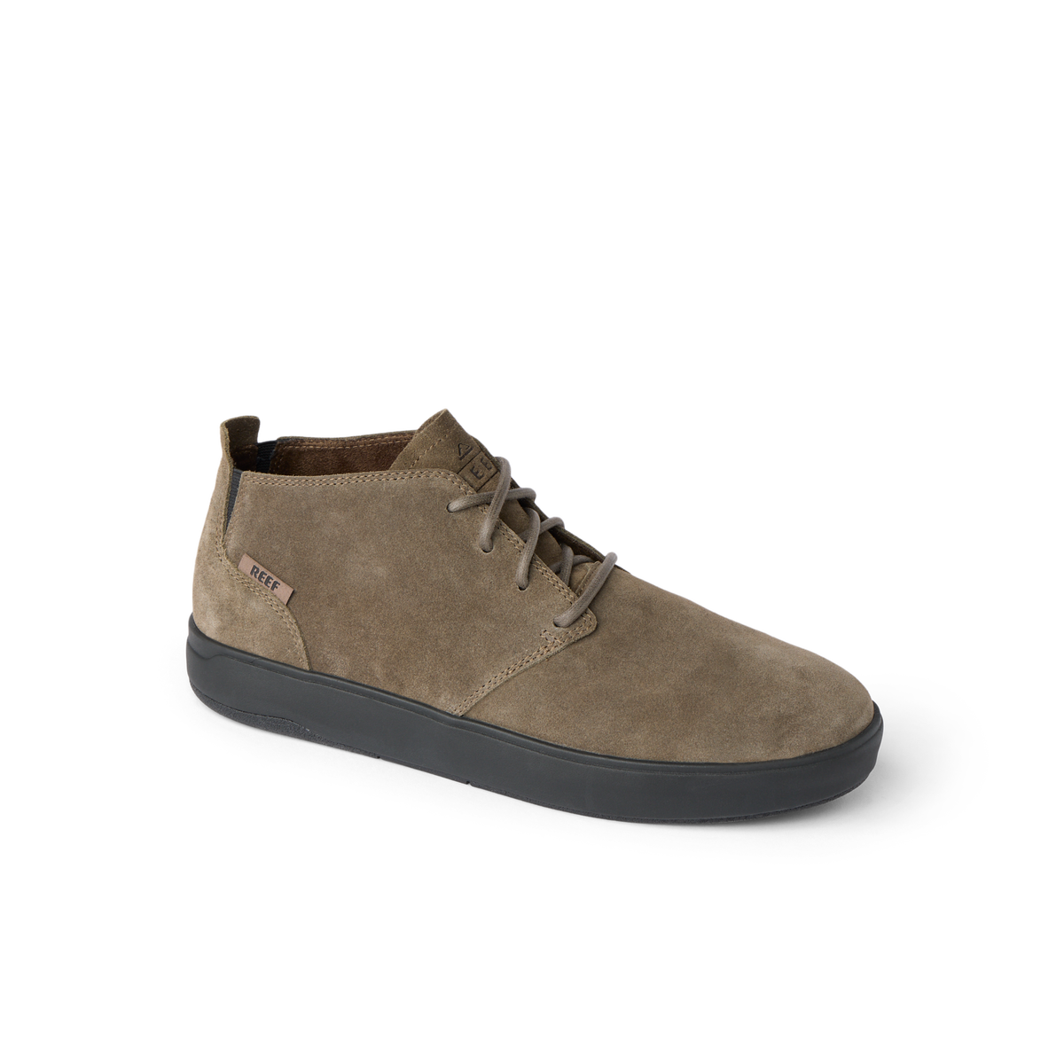 Del Mar Desert brown leather and suede shoe facing right with cushioned arch support and comfort interior