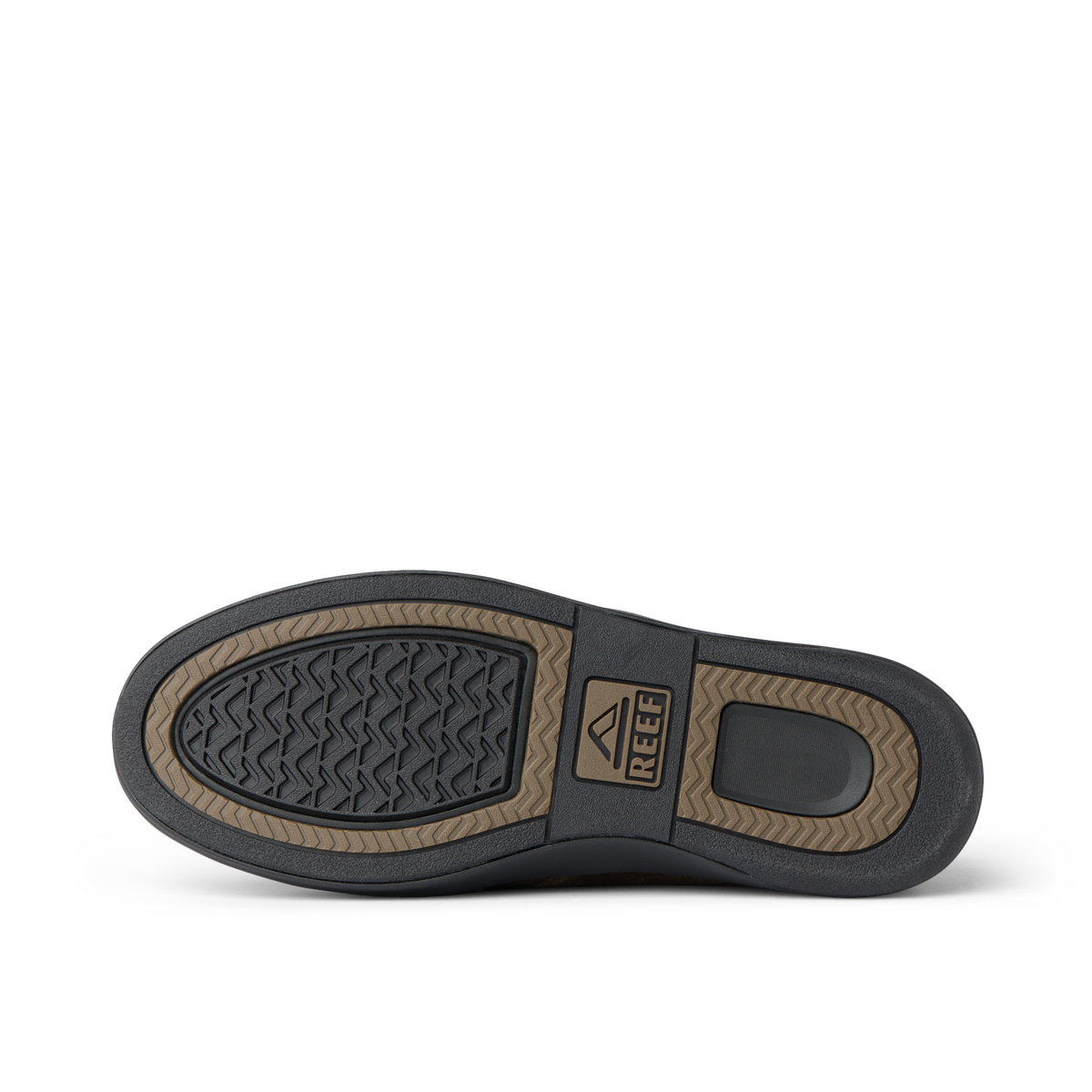 Del Mar Desert outsole facing upward in a close up, showing textured tread and REEF logo