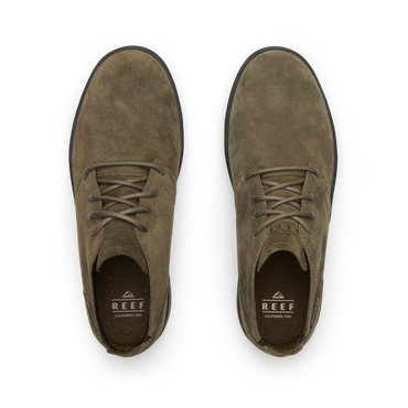 Del Mar Desert brown leather and suede shoes viewed from above facing upward with cushioned comfort footbeds