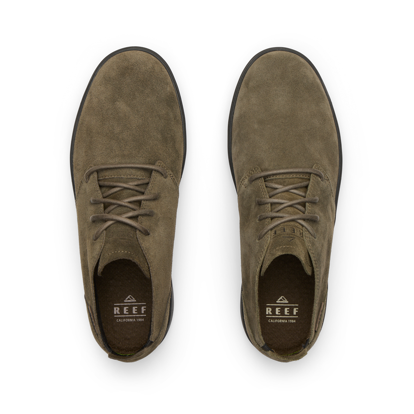 Del Mar Desert brown leather and suede shoes viewed from above facing upward with cushioned comfort footbeds
