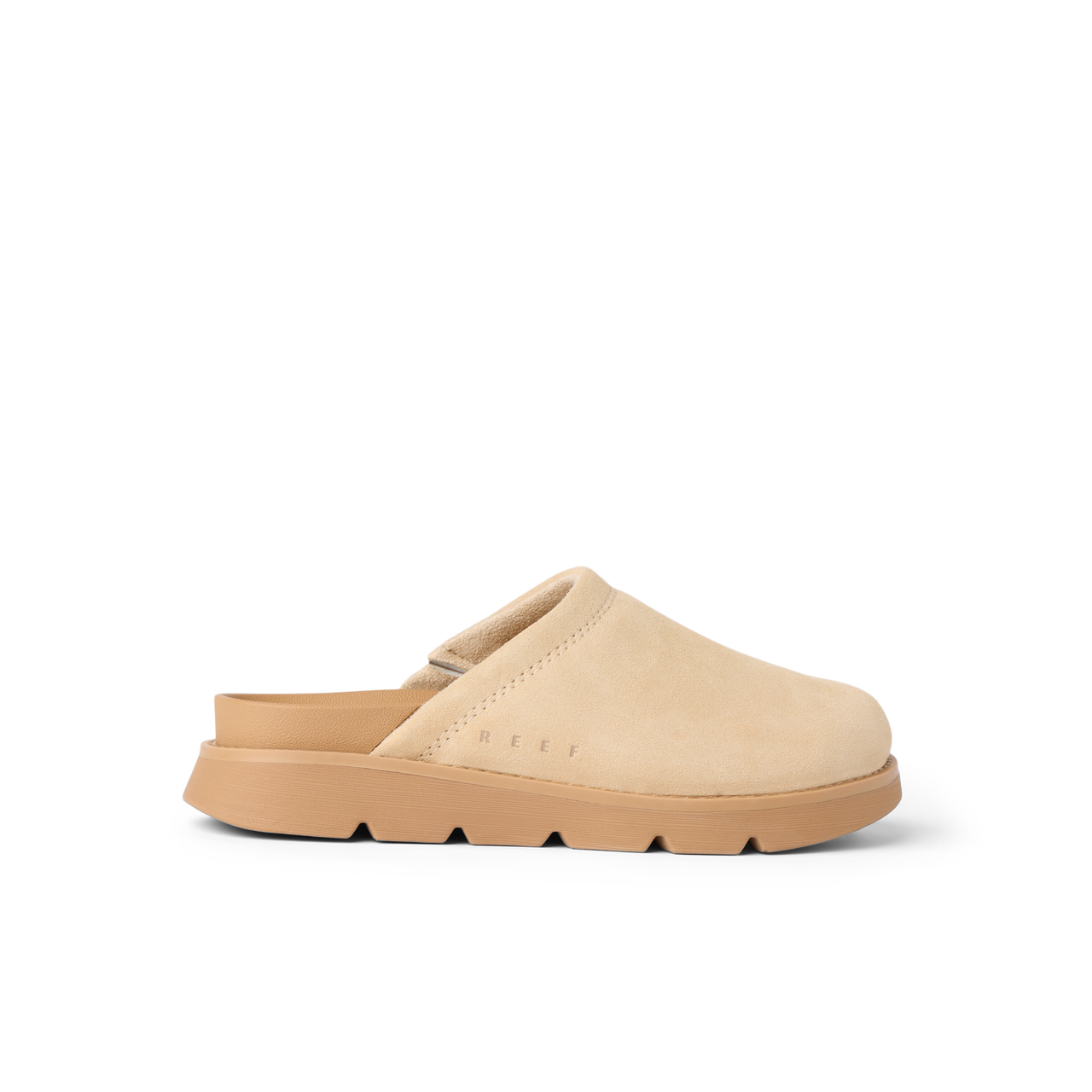 Vista Luxe Mariana clog in warm sand suede, left side view, showcasing closed-toe silhouette and contoured footbed for all-day comfort.