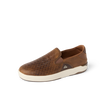 Laguna Slip On brown slip-on shoe facing left with woven upper, cushioned sole, and fold-down heel