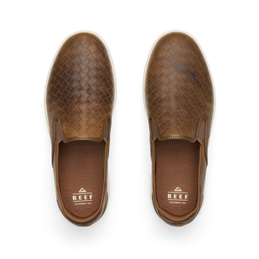 REEF Laguna Slip On shoes viewed from above, toes facing upward, showing woven brown uppers and cushioned footbeds