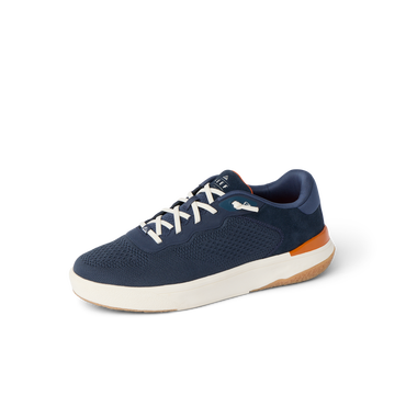 Shoreline Del Mar navy sneaker facing left with cushioned support and elastic laces for everyday comfort
