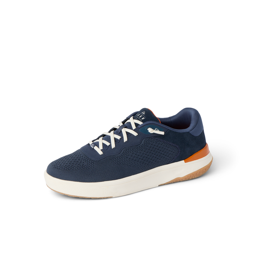 Shoreline Del Mar navy sneaker facing left with cushioned support and elastic laces for everyday comfort