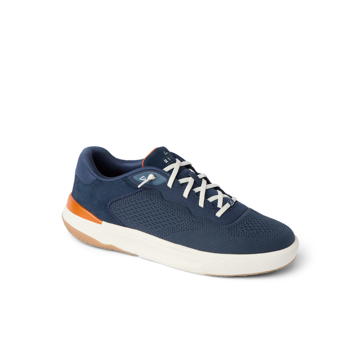 Shoreline Del Mar navy sneaker facing right with cushioned support and elastic laces