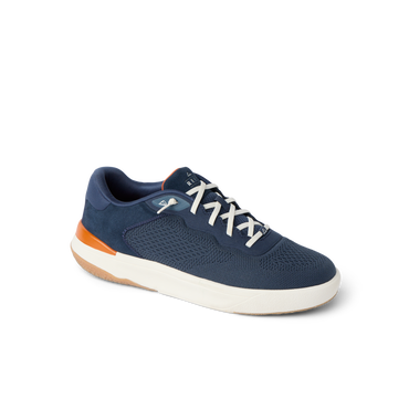 Shoreline Del Mar navy sneaker facing right with cushioned support and elastic laces