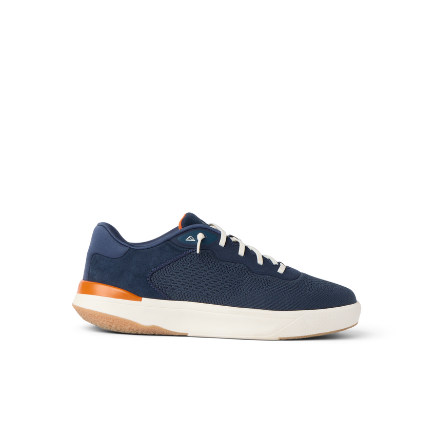 Shoreline Del Mar navy sneaker facing right with cushioned sole and elastic laces