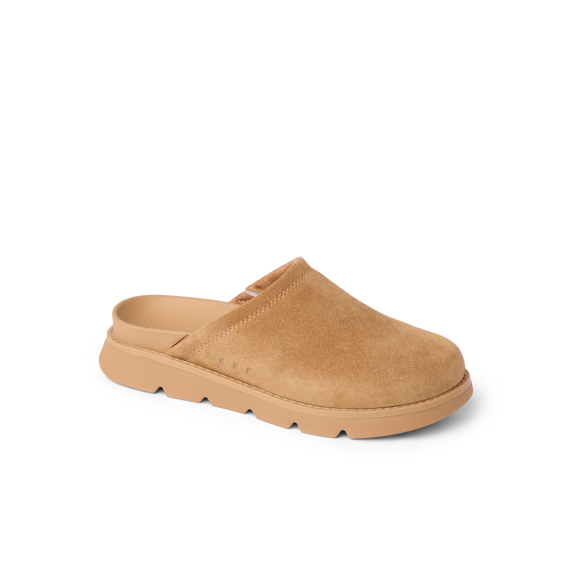 Vista Luxe Mariana clog in tan suede facing left, showing closed toe and comfortable contoured footbed, beach-inspired comfort.