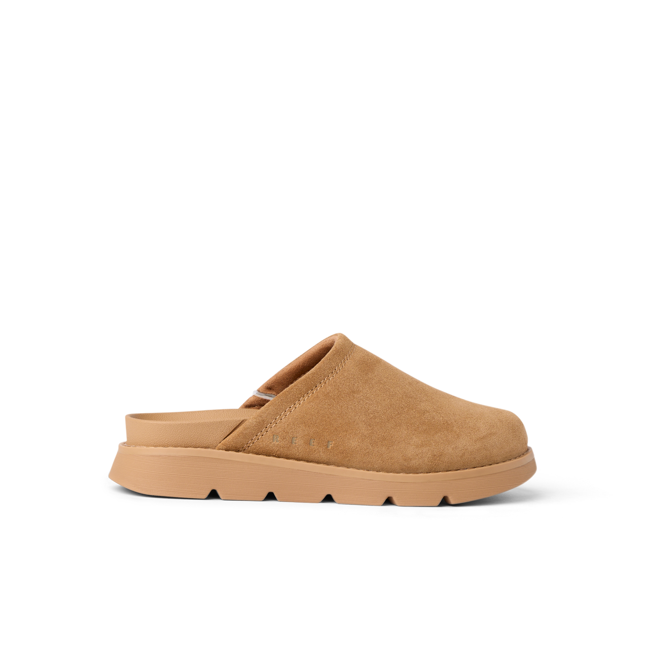 Vista Luxe Mariana clog facing right, tan suede upper with lightweight sole and anatomical arch support, beach-inspired comfort.